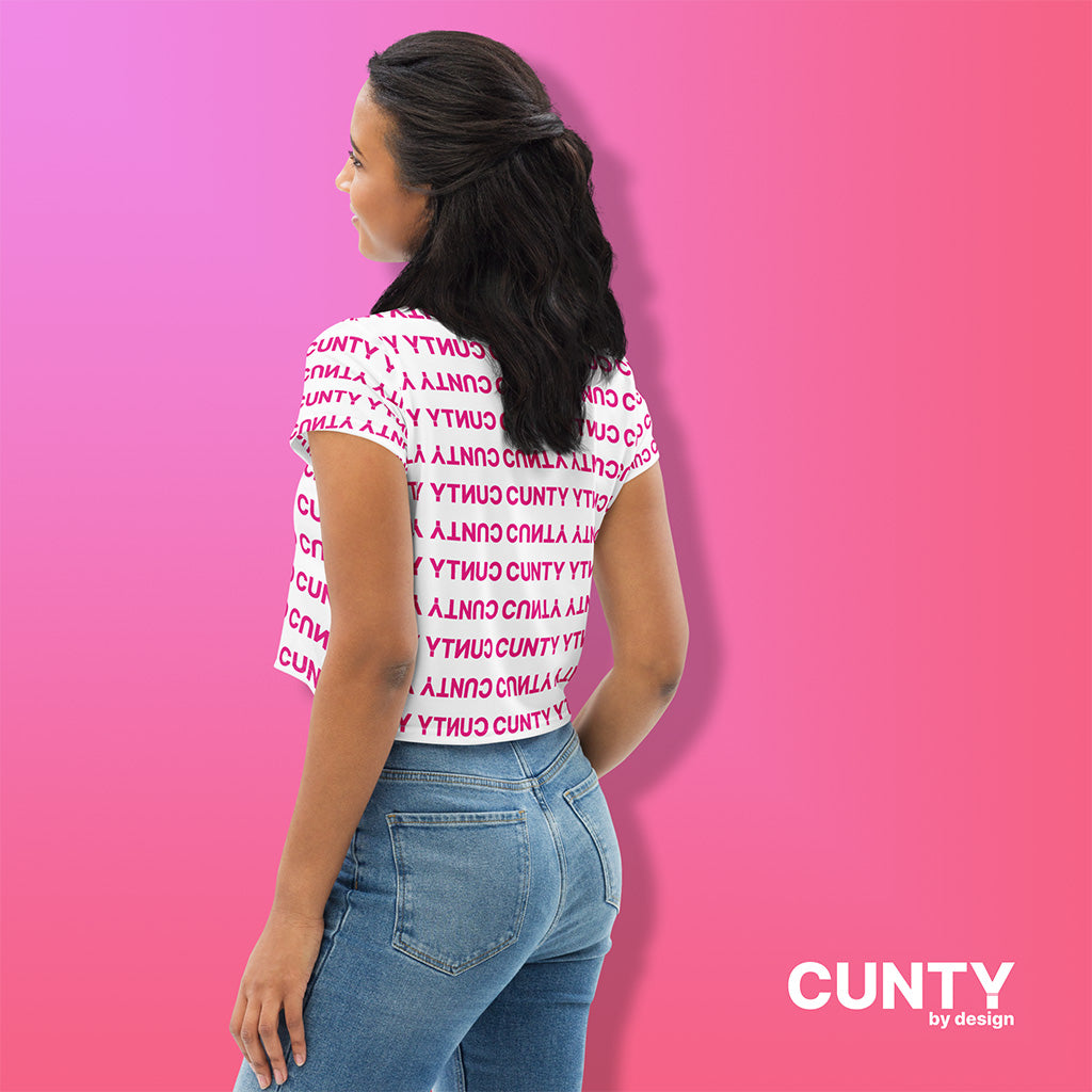 Woman facing left wearing the Cunty Pattern Crop Tee – Fierce, Flawless & Unapologetic | All-Over Print | Bold Fashion Statement | Free Shipping
