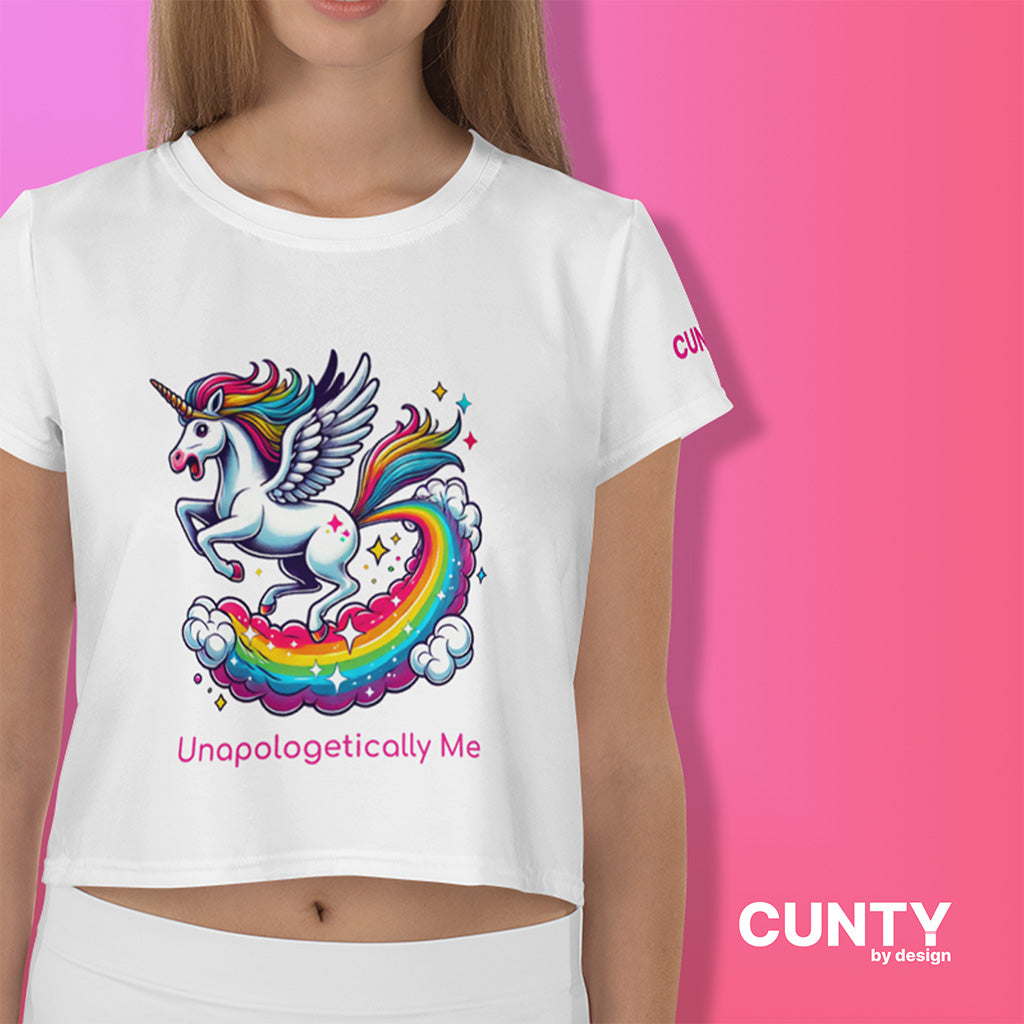 Close-up of the Cunty Unapologetically Me crop tee on a model, highlighting the ultra-soft fabric, bold unicorn graphic, and confident message