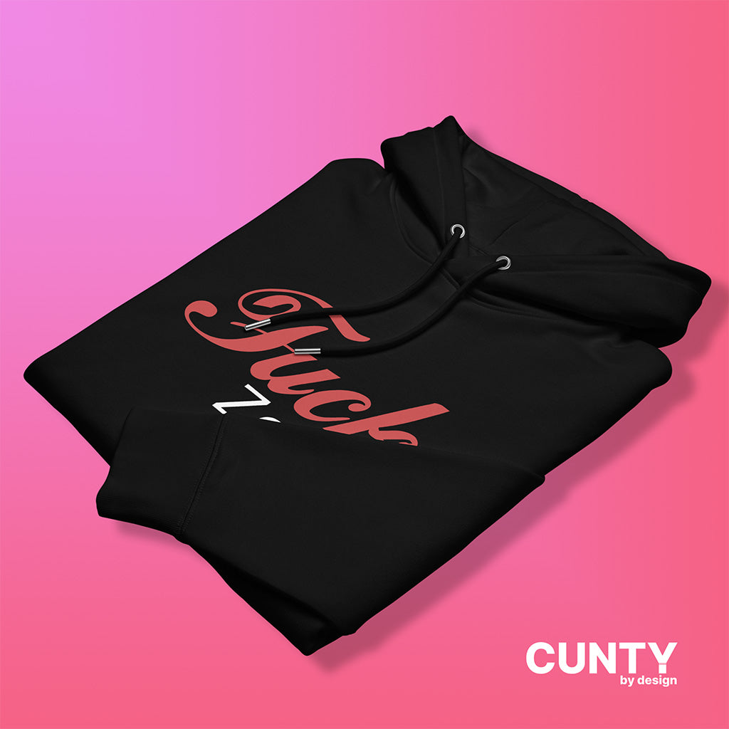 Sleek, folded black Fucks Zero hoodie showcasing its premium quality fabric and eye-catching red logo.