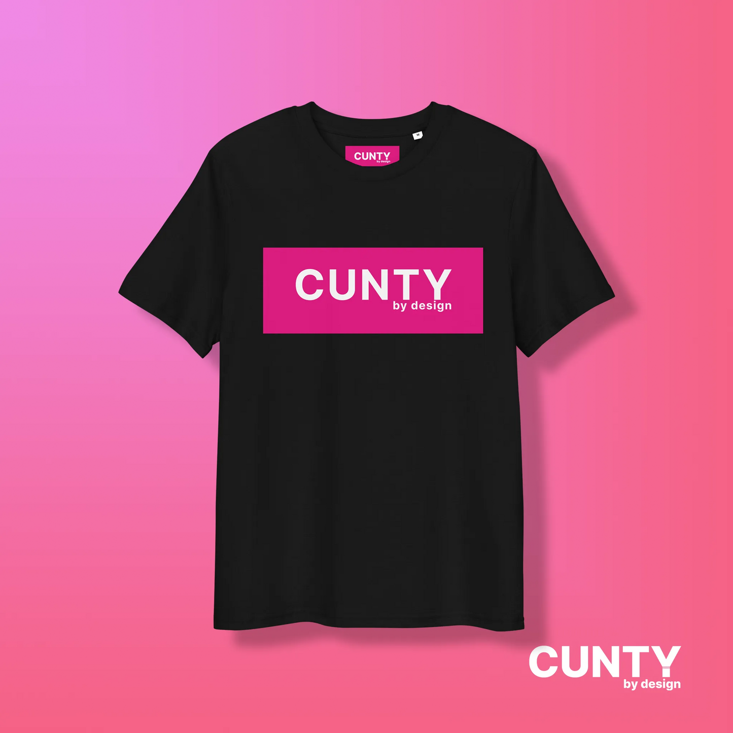 Black with Fuchsia Design: A black unisex t-shirt showcasing the striking "Cunty by Design" logo in a fuchsia rectangle, set against a pink gradient background.