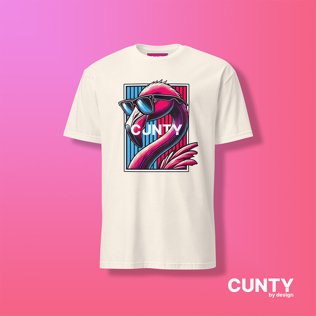 natural colored designer t-shirt featuring the Cunty Flamingo design, made of soft ring-spun cotton with a durable double-stitched neckline and sleeves.