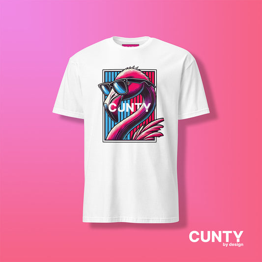 White designer t-shirt featuring the Cunty Flamingo design, made of soft ring-spun cotton with a durable double-stitched neckline and sleeves.