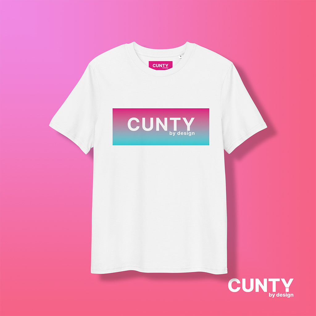 white organic cotton, eco-friendly unisex t-shirt featuring the bold Cunty by Design logo in a vibrant White with a Fuchsia to turquoise gradient background.