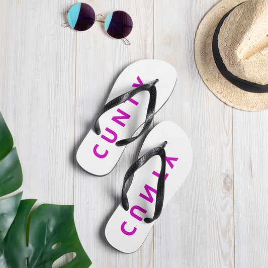 Cunty Flip flops in white with Fuschia Brand name.